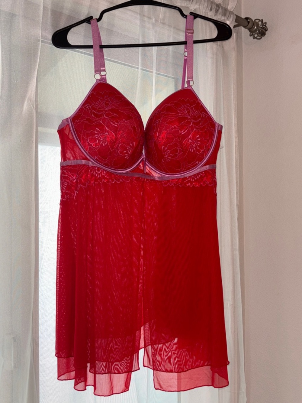Auden Red Lace and Mesh Babydoll Chemise with Pink Straps
